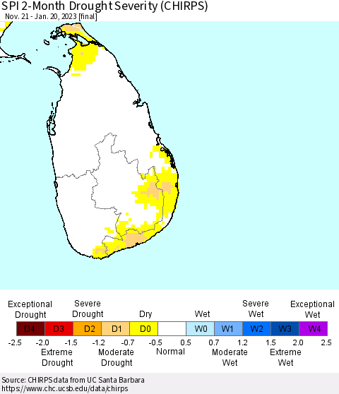 Sri Lanka SPI 2-Month Drought Severity (CHIRPS) Thematic Map For 11/21/2022 - 1/20/2023