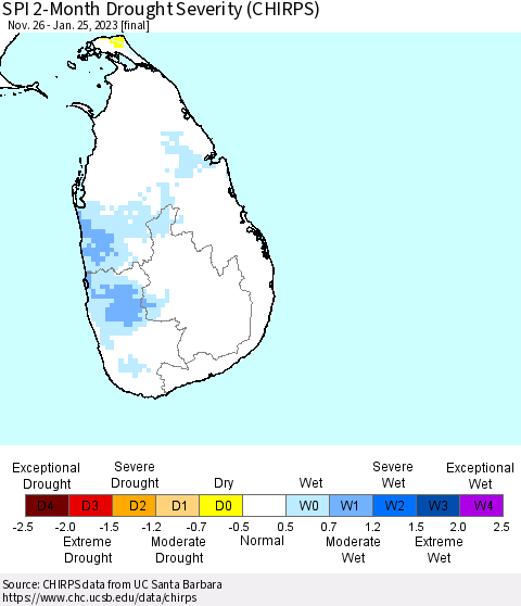 Sri Lanka SPI 2-Month Drought Severity (CHIRPS) Thematic Map For 11/26/2022 - 1/25/2023