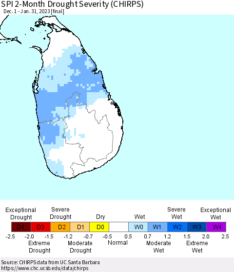 Sri Lanka SPI 2-Month Drought Severity (CHIRPS) Thematic Map For 12/1/2022 - 1/31/2023