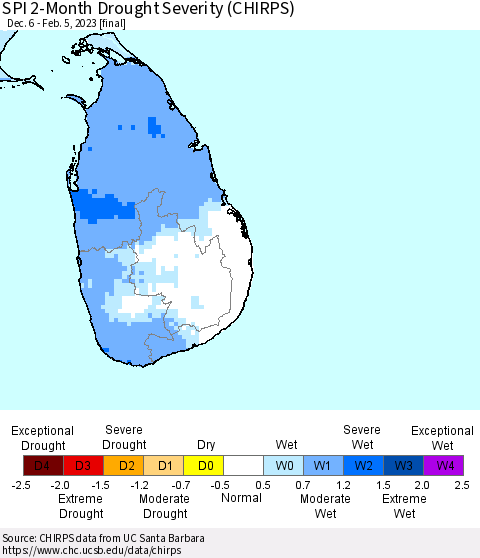 Sri Lanka SPI 2-Month Drought Severity (CHIRPS) Thematic Map For 12/6/2022 - 2/5/2023