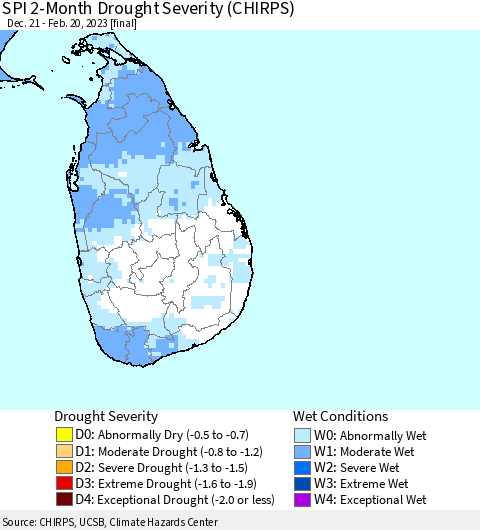 Sri Lanka SPI 2-Month Drought Severity (CHIRPS) Thematic Map For 12/21/2022 - 2/20/2023