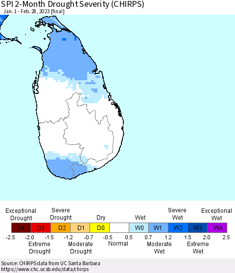 Sri Lanka SPI 2-Month Drought Severity (CHIRPS) Thematic Map For 1/1/2023 - 2/28/2023