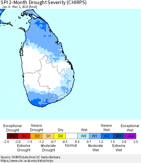 Sri Lanka SPI 2-Month Drought Severity (CHIRPS) Thematic Map For 1/6/2023 - 3/5/2023