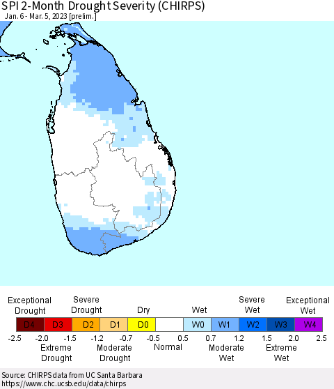 Sri Lanka SPI 2-Month Drought Severity (CHIRPS) Thematic Map For 1/6/2023 - 3/5/2023