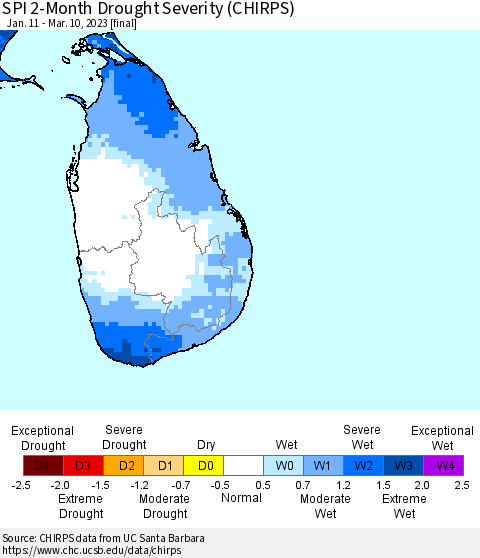 Sri Lanka SPI 2-Month Drought Severity (CHIRPS) Thematic Map For 1/11/2023 - 3/10/2023