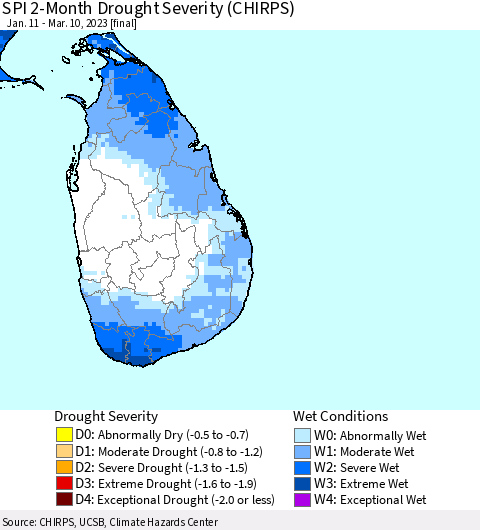 Sri Lanka SPI 2-Month Drought Severity (CHIRPS) Thematic Map For 1/11/2023 - 3/10/2023