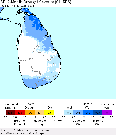 Sri Lanka SPI 2-Month Drought Severity (CHIRPS) Thematic Map For 1/11/2023 - 3/10/2023
