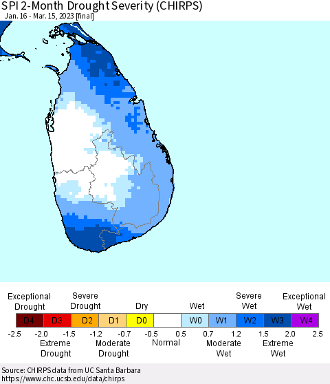 Sri Lanka SPI 2-Month Drought Severity (CHIRPS) Thematic Map For 1/16/2023 - 3/15/2023
