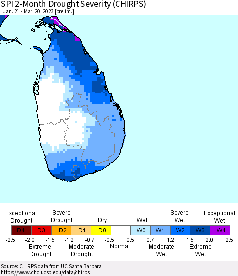 Sri Lanka SPI 2-Month Drought Severity (CHIRPS) Thematic Map For 1/21/2023 - 3/20/2023