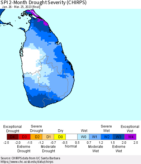 Sri Lanka SPI 2-Month Drought Severity (CHIRPS) Thematic Map For 1/26/2023 - 3/25/2023
