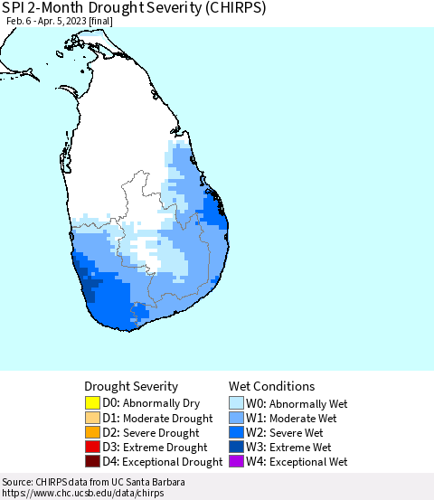 Sri Lanka SPI 2-Month Drought Severity (CHIRPS) Thematic Map For 2/6/2023 - 4/5/2023