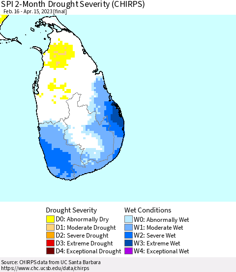 Sri Lanka SPI 2-Month Drought Severity (CHIRPS) Thematic Map For 2/16/2023 - 4/15/2023