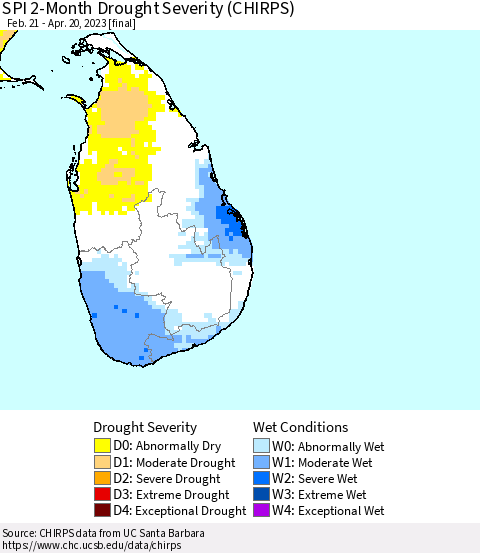 Sri Lanka SPI 2-Month Drought Severity (CHIRPS) Thematic Map For 2/21/2023 - 4/20/2023