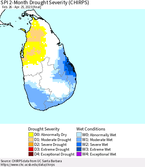 Sri Lanka SPI 2-Month Drought Severity (CHIRPS) Thematic Map For 2/26/2023 - 4/25/2023