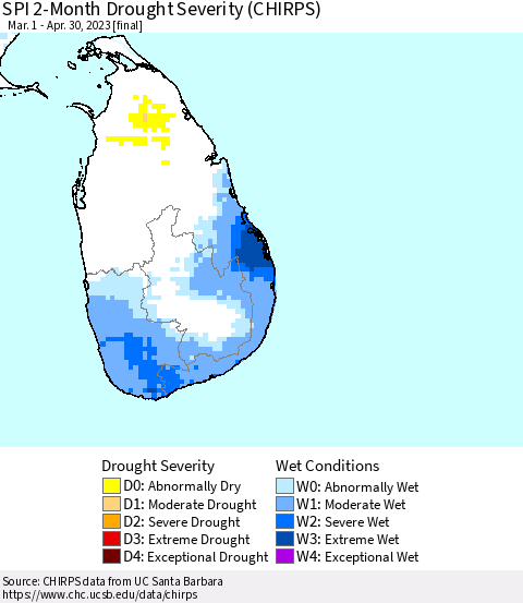 Sri Lanka SPI 2-Month Drought Severity (CHIRPS) Thematic Map For 3/1/2023 - 4/30/2023