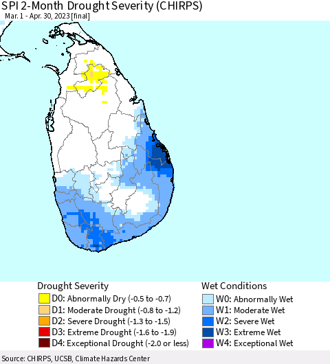 Sri Lanka SPI 2-Month Drought Severity (CHIRPS) Thematic Map For 3/1/2023 - 4/30/2023