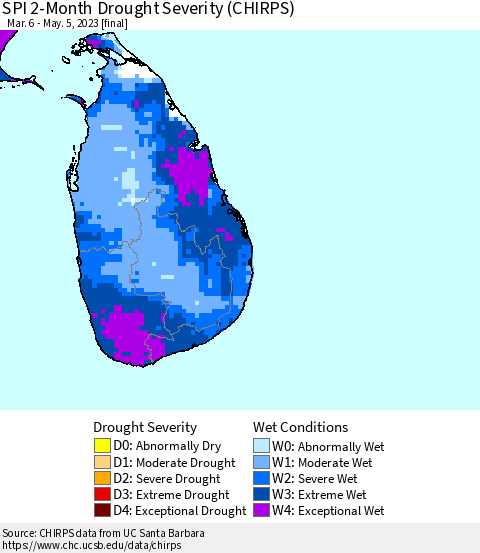 Sri Lanka SPI 2-Month Drought Severity (CHIRPS) Thematic Map For 3/6/2023 - 5/5/2023