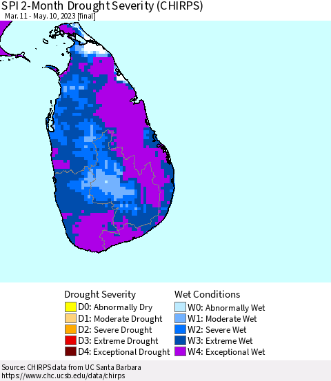 Sri Lanka SPI 2-Month Drought Severity (CHIRPS) Thematic Map For 3/11/2023 - 5/10/2023