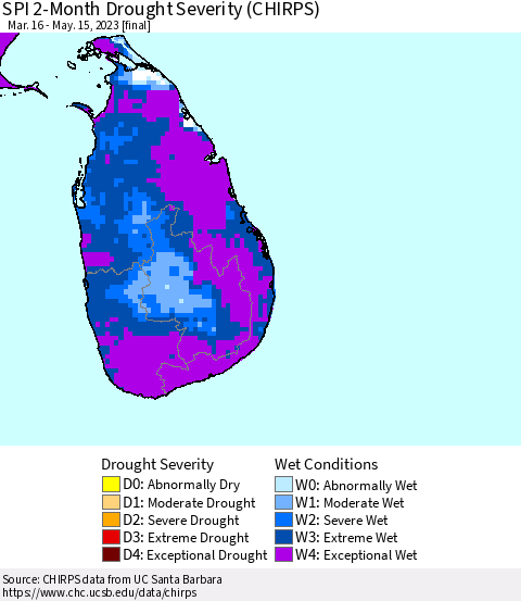 Sri Lanka SPI 2-Month Drought Severity (CHIRPS) Thematic Map For 3/16/2023 - 5/15/2023
