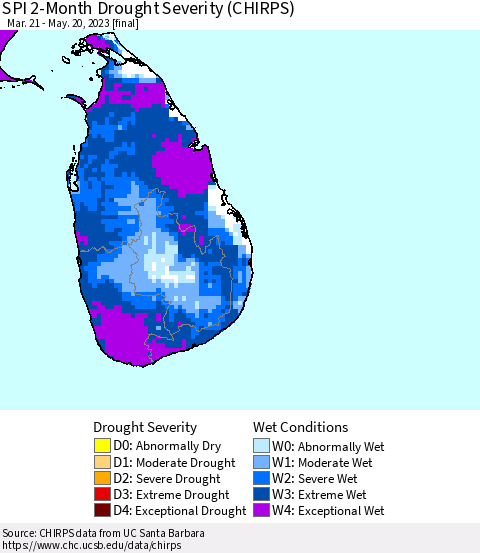 Sri Lanka SPI 2-Month Drought Severity (CHIRPS) Thematic Map For 3/21/2023 - 5/20/2023