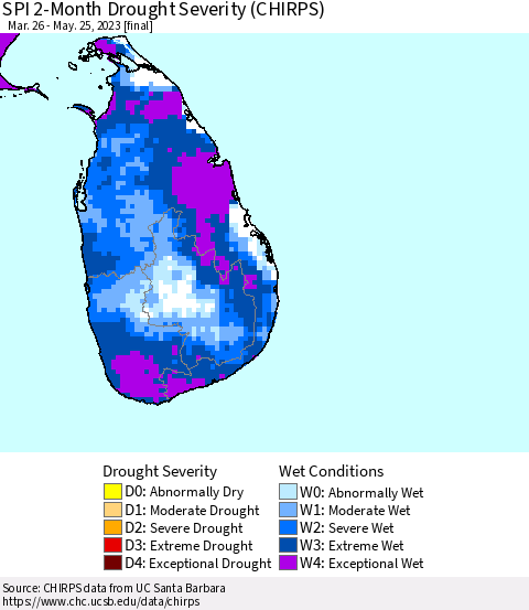 Sri Lanka SPI 2-Month Drought Severity (CHIRPS) Thematic Map For 3/26/2023 - 5/25/2023