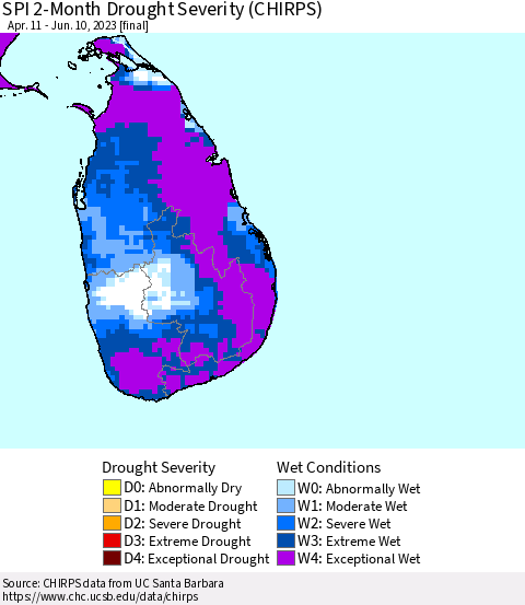 Sri Lanka SPI 2-Month Drought Severity (CHIRPS) Thematic Map For 4/11/2023 - 6/10/2023