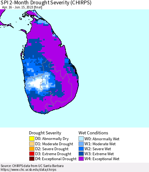 Sri Lanka SPI 2-Month Drought Severity (CHIRPS) Thematic Map For 4/16/2023 - 6/15/2023