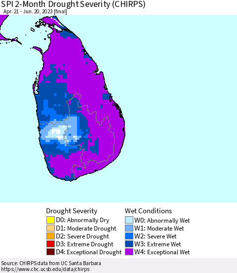 Sri Lanka SPI 2-Month Drought Severity (CHIRPS) Thematic Map For 4/21/2023 - 6/20/2023