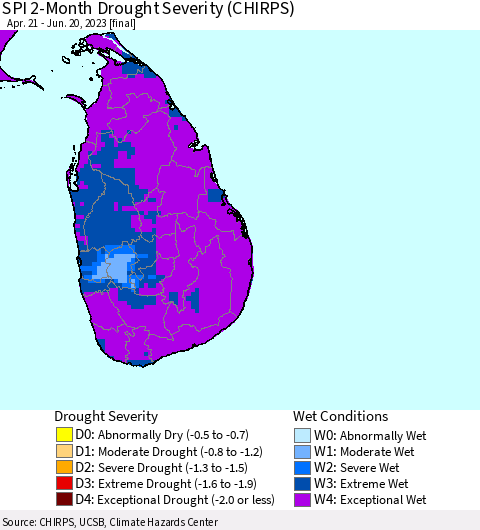 Sri Lanka SPI 2-Month Drought Severity (CHIRPS) Thematic Map For 4/21/2023 - 6/20/2023