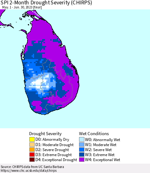 Sri Lanka SPI 2-Month Drought Severity (CHIRPS) Thematic Map For 5/1/2023 - 6/30/2023