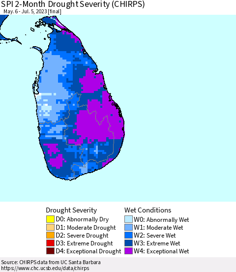 Sri Lanka SPI 2-Month Drought Severity (CHIRPS) Thematic Map For 5/6/2023 - 7/5/2023