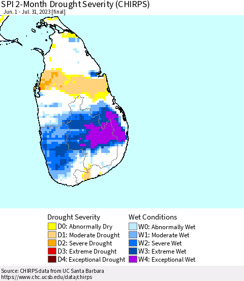 Sri Lanka SPI 2-Month Drought Severity (CHIRPS) Thematic Map For 6/1/2023 - 7/31/2023