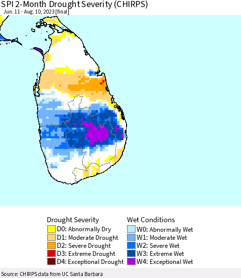 Sri Lanka SPI 2-Month Drought Severity (CHIRPS) Thematic Map For 6/11/2023 - 8/10/2023
