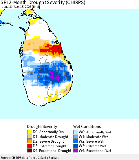 Sri Lanka SPI 2-Month Drought Severity (CHIRPS) Thematic Map For 6/16/2023 - 8/15/2023