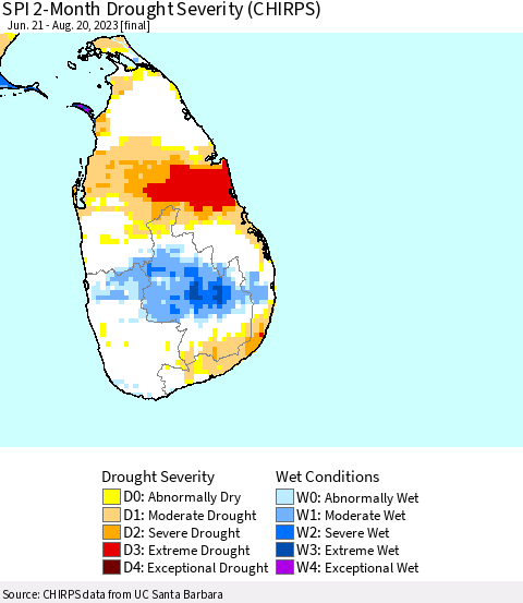 Sri Lanka SPI 2-Month Drought Severity (CHIRPS) Thematic Map For 6/21/2023 - 8/20/2023