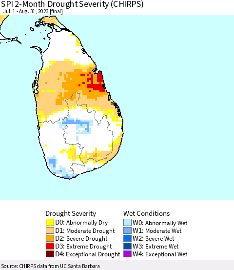 Sri Lanka SPI 2-Month Drought Severity (CHIRPS) Thematic Map For 7/1/2023 - 8/31/2023