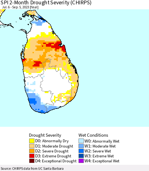 Sri Lanka SPI 2-Month Drought Severity (CHIRPS) Thematic Map For 7/6/2023 - 9/5/2023