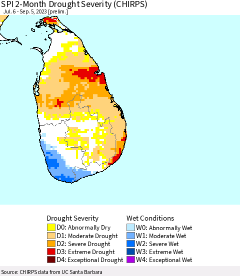Sri Lanka SPI 2-Month Drought Severity (CHIRPS) Thematic Map For 7/6/2023 - 9/5/2023