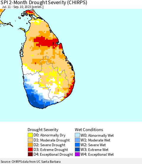 Sri Lanka SPI 2-Month Drought Severity (CHIRPS) Thematic Map For 7/11/2023 - 9/10/2023