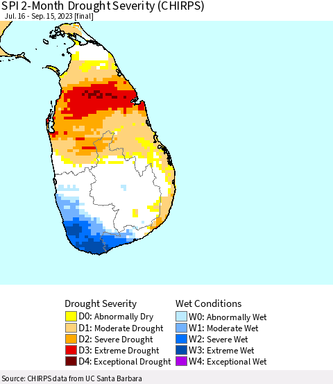 Sri Lanka SPI 2-Month Drought Severity (CHIRPS) Thematic Map For 7/16/2023 - 9/15/2023