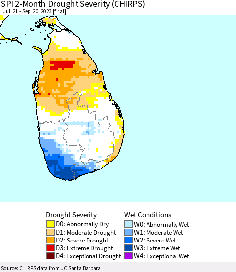 Sri Lanka SPI 2-Month Drought Severity (CHIRPS) Thematic Map For 7/21/2023 - 9/20/2023