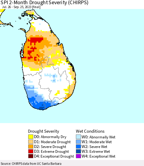 Sri Lanka SPI 2-Month Drought Severity (CHIRPS) Thematic Map For 7/26/2023 - 9/25/2023