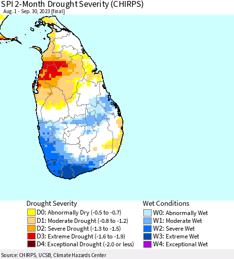 Sri Lanka SPI 2-Month Drought Severity (CHIRPS) Thematic Map For 8/1/2023 - 9/30/2023