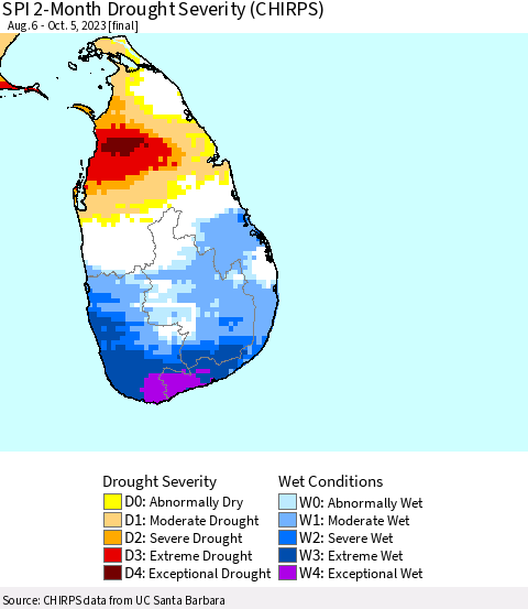 Sri Lanka SPI 2-Month Drought Severity (CHIRPS) Thematic Map For 8/6/2023 - 10/5/2023