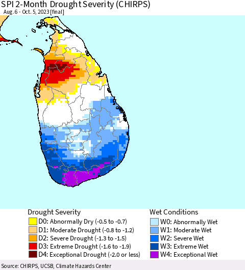 Sri Lanka SPI 2-Month Drought Severity (CHIRPS) Thematic Map For 8/6/2023 - 10/5/2023