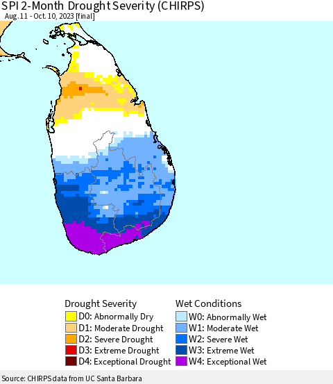 Sri Lanka SPI 2-Month Drought Severity (CHIRPS) Thematic Map For 8/11/2023 - 10/10/2023
