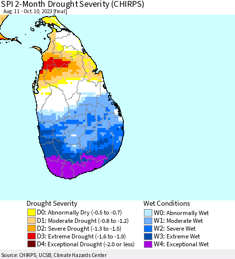 Sri Lanka SPI 2-Month Drought Severity (CHIRPS) Thematic Map For 8/11/2023 - 10/10/2023