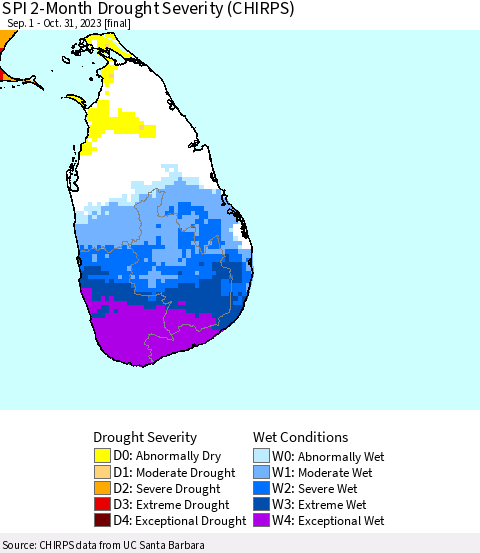 Sri Lanka SPI 2-Month Drought Severity (CHIRPS) Thematic Map For 9/1/2023 - 10/31/2023
