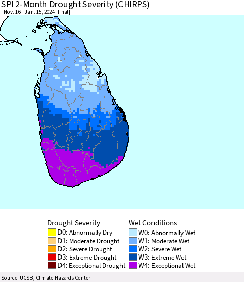 Sri Lanka SPI 2-Month Drought Severity (CHIRPS) Thematic Map For 11/16/2023 - 1/15/2024