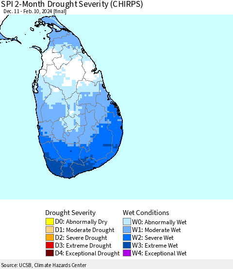 Sri Lanka SPI 2-Month Drought Severity (CHIRPS) Thematic Map For 12/11/2023 - 2/10/2024
